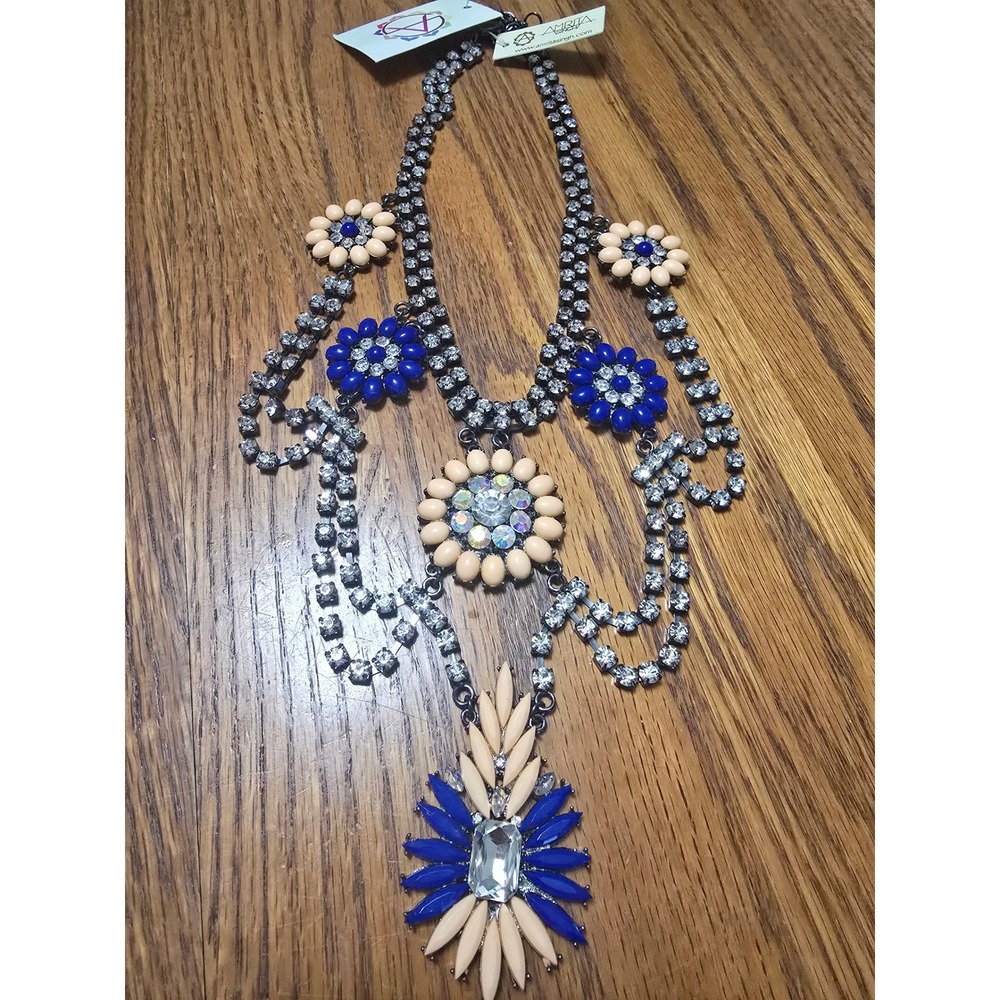 Amrita Singh Crystal Floral Bib Statement Necklace Blue Beige Gunmetal NWT